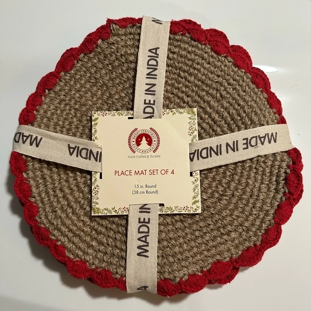 Holiday Christmas Placemats Red/Natural Woven Jute Placemats 15” Round Set of 4